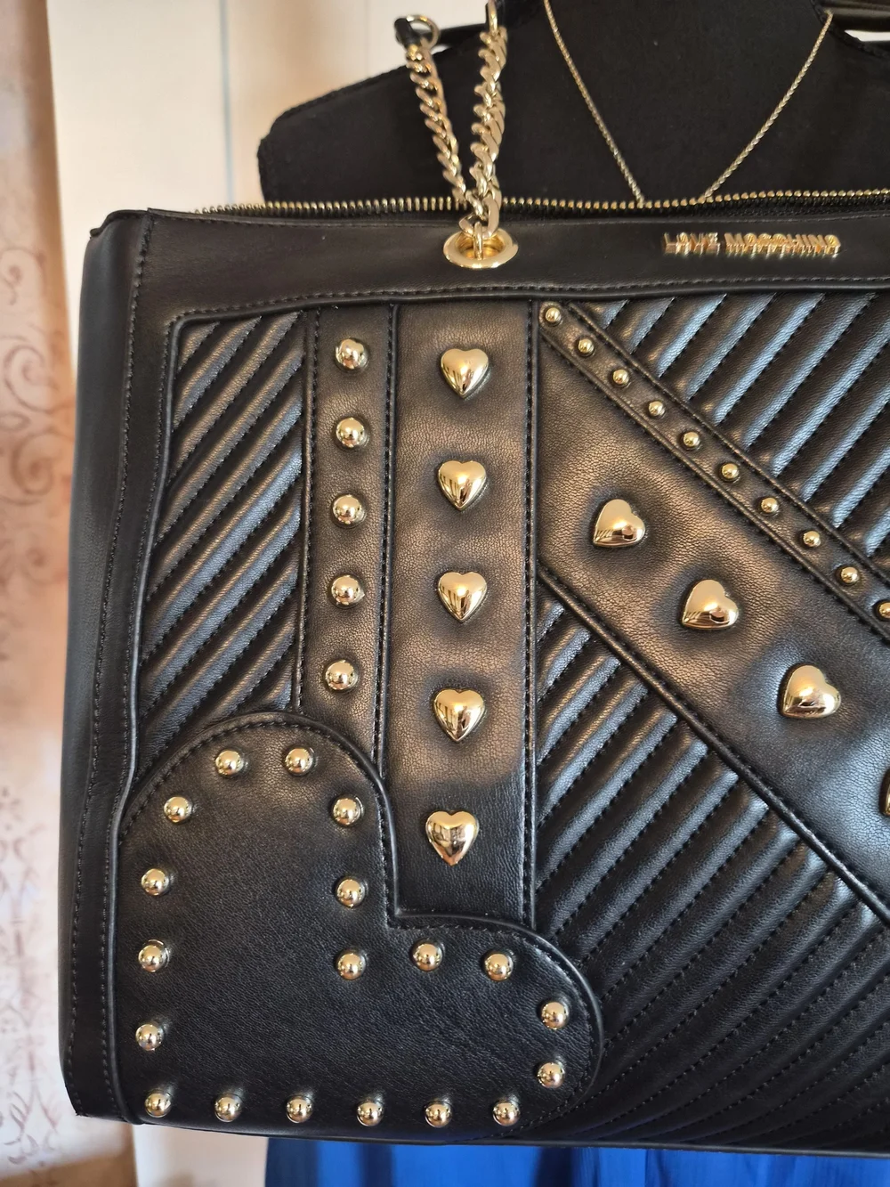 Love Moschino Black Studded Shoulder Tote with Chain Straps